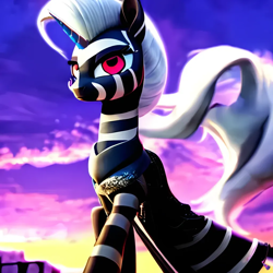 Size: 1024x1024 | Tagged: safe, imported from derpibooru, oc, oc:kalimba mavembe, zebra, zebracorn, fanfic:it's complicated, ai content, ai generated, clothes, dress, female, generator:purplesmart.ai, generator:stable diffusion, mare, model update, solo