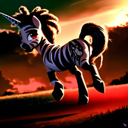 Size: 1024x1024 | Tagged: safe, imported from derpibooru, oc, oc:nafasi nyingine, oc:second chance, zebra, zebracorn, fanfic:it's complicated, ai content, ai generated, butt, colt, dreadlocks, foal, generator:purplesmart.ai, generator:stable diffusion, male, parent:oc:kalimba mavembe, parent:oc:sniper shot, playing, plot, solo