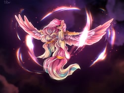 Size: 2160x1620 | Tagged: safe, artist:crybaby, imported from derpibooru, fluttershy, pegasus, pony, braid, colored wings, determined look, energy, feathered fetlocks, flying, large wings, long mane, long tail, multicolored hair, multicolored wings, rainbow power, solo, tail, wings