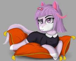 Size: 2805x2250 | Tagged: safe, artist:enteryourponyname, imported from derpibooru, oc, oc:masyunya, earth pony, pony, clothes, dress, ear fluff, gray background, looking at you, lying down, lying on pillows, pillow, ponified, raised eyebrow, simple background, smiling, smiling at you, solo