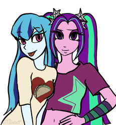 Size: 1200x1299 | Tagged: safe, artist:tacoman dusct, imported from derpibooru, aria blaze, sonata dusk, human, equestria girls, duo, duo female, female, food, makeup, simple background, smiling, taco, tongue out, white background