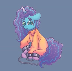 Size: 3602x3550 | Tagged: safe, artist:kutemango, imported from derpibooru, pony, unicorn, clothes, commission, commissioner:rainbowdash69, cuffed, g5, jumpsuit, misty brightdawn, never doubt rainbowdash69's involvement, prison outfit, prisoner, prisoner misty, sad