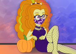 Size: 1754x1240 | Tagged: safe, artist:cybersquirrel, imported from derpibooru, adagio dazzle, human, equestria girls, black nail polish, choker, face mask, fishnets, glasses, looking away, mask, nail polish, pumpkin, reference, sitting, solo