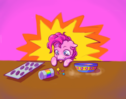Size: 1280x1016 | Tagged: safe, artist:littleempressbee, imported from derpibooru, pinkie pie, earth pony, pony, baking, bowl, bust, female, food, heart, heart eyes, jar, looking at something, muffin tray, smol, solo, sprinkles, table, tongue out, wingding eyes
