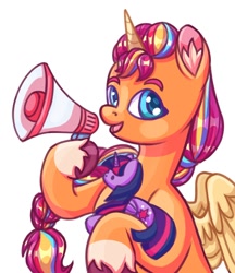 Size: 916x1058 | Tagged: safe, artist:kutemango, imported from derpibooru, sunny starscout, twilight sparkle, alicorn, pony, artificial horn, artificial wings, augmented, coat markings, cute, g5, horn, magic, magic horn, magic wings, megaphone, my little pony: a new generation, open mouth, open smile, plushie, race swap, simple background, smiling, socks (coat markings), solo, sunnybetes, sunnycorn, twilight sparkle (alicorn), twilight sparkle plushie, unshorn fetlocks, white background, wings