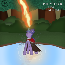 Size: 3200x3200 | Tagged: safe, artist:maître cervidé, imported from derpibooru, oc, oc:grace curse, unicorn, female, fire, forest, lake, magic, ponytober, solo, water