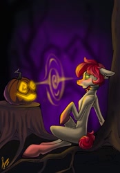 Size: 820x1180 | Tagged: safe, artist:stirren, imported from derpibooru, oc, earth pony, pony, commission, halloween, holiday, hypnosis, pumpkin, sitting, solo, swirly eyes, tree stump, ych result, your character here