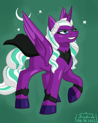 Size: 800x1000 | Tagged: safe, artist:friedrich911, imported from derpibooru, opaline arcana, alicorn, pony, spoiler:g5, cape, clothes, eyeshadow, female, g5, green background, grin, makeup, mare, moon, signature, simple background, smiling, solo, spread wings, stars, wings
