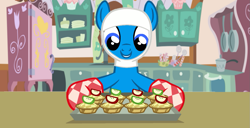 Size: 1103x563 | Tagged: safe, artist:shield-wing1996, imported from derpibooru, oc, oc:finn the pony, apple, apple pie, cute, food, kitchen, ocbetes, oven mitts, pie