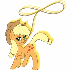 Size: 4000x4000 | Tagged: safe, artist:mrneo, imported from derpibooru, applejack, earth pony, pony, eye clipping through hair, female, lasso, lidded eyes, mare, mouth hold, raised hoof, rope, simple background, solo, white background