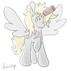 Size: 2000x2000 | Tagged: safe, artist:shiiiny, imported from derpibooru, derpy hooves, pegasus, pony, alicorn costume, clothes, costume, digital art, female, g4, jewelry, mare, ponytober, raised hoof, regalia, simple background, solo, toilet paper roll, toilet paper roll horn, white background