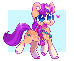 Size: 2163x1762 | Tagged: safe, artist:moccabliss, imported from derpibooru, sunny starscout, earth pony, pony, bag, braid, chest fluff, coat markings, cute, female, freckles, g5, heart, mare, multicolored hair, no pupils, open mouth, open smile, saddle bag, smiling, socks (coat markings), solo, sunnybetes