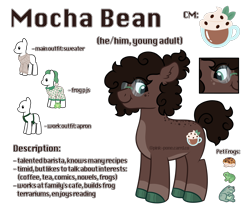 Size: 3200x2700 | Tagged: safe, artist:pink-pone, imported from derpibooru, oc, oc:mocha bean, earth pony, frog, pony, apron, body freckles, clothes, coat markings, colored hooves, freckles, glasses, hoof polish, male, outfits, pajamas, pale belly, pronouns, reference sheet, simple background, socks (coat markings), solo, stallion, sweater, transparent background, turtleneck