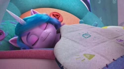 Size: 1484x828 | Tagged: safe, imported from derpibooru, screencap, izzy moonbow, pony, unicorn, spoiler:my little pony: make your mark chapter 2, spoiler:myms01e08, bed, blanket, eyes closed, g5, have you seen this dragon?, my little pony: make your mark, my little pony: make your mark chapter 2, pillow, sleeping