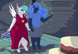 Size: 3115x2177 | Tagged: safe, artist:lupin quill, imported from derpibooru, nightmare moon, princess celestia, alicorn, anthro, unguligrade anthro, fanfic:nightmare moons rubenesque revenge, series:nightmare moons rubenesque revenge (weight gain), armor, armor skirt, bbw, belly, big breasts, breasts, busty princess celestia, cake, cakelestia, castle of the royal pony sisters, chainmail, chubby, chubbylestia, clothes, dialogue, dress, fanfic art, fat, fat fetish, fetish, food, helmet, magic, mind control, open mouth, skirt, spread wings, thighs, this will end in colic, this will end in weight gain, thunder thighs, weight gain, weight gain sequence, wide hips, wingboner, wings