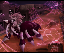 Size: 6000x5000 | Tagged: safe, artist:deathplace69, oc, oc only, oc:kiki, changeling, spider, spiderling, barrel, cart, commission, crescent moon, destruction, drool, eyes in the dark, female, four eyes, ghost town, horn, hotel, large ears, long tongue, looking through the window, macro, moon, multiple eyes, pink moon, sharp teeth, six eyes, spider web, teeth, tongue out, transparent flesh