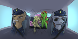 Size: 1975x1004 | Tagged: safe, artist:ciborgen, imported from derpibooru, fluttershy, tree hugger, oc, earth pony, pegasus, pony, arrested, facial hair, high, moustache, police car, police officer, police uniform, sunglasses