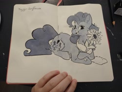 Size: 4000x3000 | Tagged: safe, artist:cutepencilcase, imported from derpibooru, pinkie pie, earth pony, pony, flower, hand, solo, sunflower, traditional art