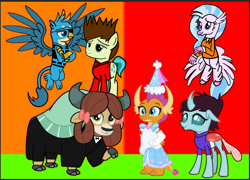 Size: 720x519 | Tagged: safe, artist:darlycatmake, imported from derpibooru, gallus, ocellus, sandbar, silverstream, smolder, yona, changeling, dragon, earth pony, griffon, hippogriff, yak, clothes, costume, cute, dragoness, dress, female, flying, froufrou glittery lacy outfit, gallabetes, gloves, group photo, group picture, halloween, halloween costume, happy, hat, hennin, holiday, kai smith, lego, lego ninjago, long gloves, long sleeves, luz noceda, male, princess, princess smolder, prison outfit, secret agent, smiling, smolderbetes, spread wings, spy, student six, the owl house, wig, wings