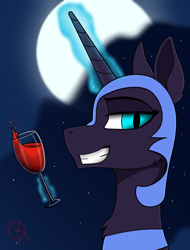 Size: 1080x1420 | Tagged: safe, artist:kpapwiss, imported from derpibooru, nightmare moon, alicorn, pony, alcohol, bust, looking at you, moon, portrait, simple background, smiling, smiling at you, wine