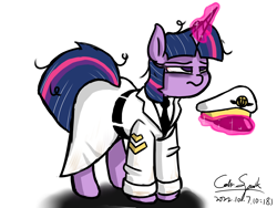 Size: 6000x4500 | Tagged: safe, artist:cdrspark, imported from derpibooru, twilight sparkle, pony, unicorn, bloodshot eyes, clothes, magic, military uniform, ruffled hair, simple background, solo, telekinesis, tired, u.d.c.e., unicorn twilight, uniform, uniform hat, white background