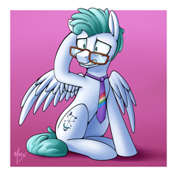 Size: 4000x4000 | Tagged: safe, artist:supermoix, imported from derpibooru, feather flatterfly, pegasus, pony, commission, cute, glasses, male, necktie, raised hoof, scared, simple background, sitting, solo, stallion, worried