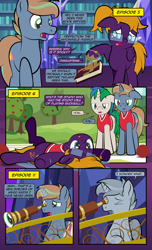 Size: 1920x3168 | Tagged: safe, artist:alexdti, imported from derpibooru, oc, oc only, oc:brainstorm (alexdti), oc:purple creativity, oc:star logic, pegasus, pony, unicorn, comic:quest for friendship, book, buckball, female, floppy ears, glasses, implied twilight sparkle, male, mare, open mouth, petrification, stallion, twilight's castle