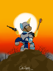 Size: 2400x3200 | Tagged: safe, artist:cdrspark, imported from derpibooru, oc, oc:cold dream, unicorn, armor, barbed wire, battlefield 1, blood, horn, magic, male, telekinesis, trench raider, unicorn oc, war