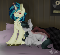 Size: 1801x1655 | Tagged: safe, artist:4agonism, imported from derpibooru, dj pon-3, octavia melody, vinyl scratch, earth pony, pony, unicorn, arm fluff, bed, bedroom, blanket, chest fluff, cute, daaaaaaaaaaaw, female, lesbian, magic, pillow, quilt, record, red eyes, role reversal, scratchtavia, shipping, sleeping, smiling, telekinesis, those gay horses, tired, unshorn fetlocks, watermark