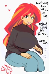 Size: 800x1200 | Tagged: safe, artist:sozglitch, imported from derpibooru, sunset shimmer, human, equestria girls, big breasts, bilingual, breasts, busty sunset shimmer, clothes, denim, dialogue, english, female, floating heart, heart, hiragana, huge breasts, inviting, japanese, jeans, looking at you, onomatopoeia, open mouth, open smile, pants, simple background, sitting, smiling, smiling at you, solo, sweater, talking to viewer, thighs, white background