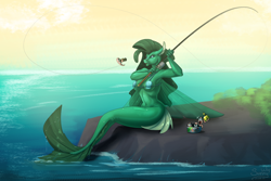 Size: 1400x933 | Tagged: safe, artist:sunny way, imported from derpibooru, oc, oc only, anthro, seapony (g4), art, artwork, breasts, digital art, female, fishing, lol, nudity, ocean, patreon, patreon reward, shocked, solo, wat, water, wet, worms