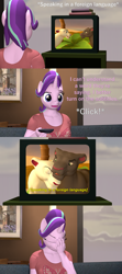 Size: 1920x4320 | Tagged: safe, artist:papadragon69, imported from derpibooru, starlight glimmer, oc, oc:ubaya, oc:zuri, anthro, panther, unicorn, 3d, comic, facepalm, furry, furry oc, remote, source filmmaker, subtitles, television