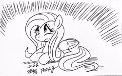 Size: 3714x2314 | Tagged: safe, artist:debmervin, imported from derpibooru, fluttershy, pegasus, anxious, emanata, emotional, ink drawing, lineart, monochrome, sad, solo, traditional art