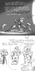 Size: 3000x6000 | Tagged: safe, artist:captainhoers, imported from derpibooru, oc, oc only, oc:tim, earth pony, kirin, pegasus, pony, unicorn, absurd resolution, acting, bipedal, black and white, comic, cowboy bebop, dialogue, female, grayscale, katana, kirin oc, levitation, magic, male, mare, monochrome, script, stallion, sword, telekinesis, weapon, yelling