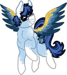 Size: 942x1062 | Tagged: safe, artist:nootaz, imported from derpibooru, oc, oc only, oc:soaring spirit, pegasus, pony, accessories, art trade, coat markings, colored wings, cutie mark, facial markings, glasses, male, markings, multicolored hair, multicolored mane, multicolored tail, multicolored wings, pegasus oc, simple background, smiling, socks (coat markings), solo, spread wings, stallion, tail, white background, wing brace, wings