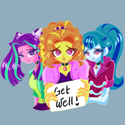 Size: 1080x1080 | Tagged: safe, artist:windywendy29, imported from derpibooru, adagio dazzle, aria blaze, sonata dusk, equestria girls, blue background, choker, clothes, coat, cute, female, gem, get well soon, sad, shirt, sign, simple background, siren gem, the dazzlings, trio, vest