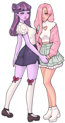 Size: 2073x3919 | Tagged: safe, artist:xqv33n13, imported from derpibooru, fluttershy, twilight sparkle, human, ass, blushing, breasts, butt, clothes, duo, duo female, female, hair over one eye, high res, holding hands, humanized, kneesocks, looking at you, pony coloring, sideboob, simple background, skirt, socks, transparent background, twibutt