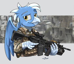 Size: 1920x1669 | Tagged: safe, artist:buckweiser, imported from derpibooru, oc, oc:frost wing, griffon, camouflage, griffon oc, gun, h&k m320, heckler and koch, looking at you, m4a1, military, ruins, solo, weapon