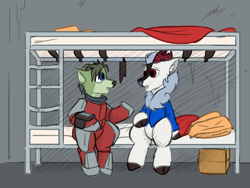 Size: 4000x3000 | Tagged: safe, artist:captainhoers, artist:stormwing, color edit, edit, imported from derpibooru, oc, oc:ash (captainhoers), oc:rowan, deer, hybrid, reindeer, bed, bunk bed, clothes, colored, exosuit, nighthaze, red faction, reindeer (nighthaze), spacesuit