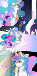 Size: 2048x4187 | Tagged: safe, artist:aztrial, imported from derpibooru, lemon hearts, minuette, princess celestia, spike, twilight sparkle, twinkleshine, alicorn, dragon, pony, unicorn, baby, baby dragon, baby spike, book, cake, cakelestia, comforting, crying, cute, eating, female, filly, filly twilight sparkle, food, messy eating, nervous sweat, night, pastry, reading, starry eyes, story included, sweat, sweatdrop, test, that pony sure does love books, that pony sure does love cakes, tired, twiabetes, unicorn twilight, wingding eyes, younger