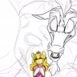 Size: 2048x2048 | Tagged: safe, artist:crookedbeetles, imported from derpibooru, draconequus, pony, bipedal, crossover, duo, eyes closed, high res, looking at you, parody, ponified, princess peach, sketch, smiling, super mario bros., wip