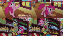 Size: 4400x2475 | Tagged: safe, edit, edited screencap, editor:quoterific, imported from derpibooru, screencap, discord, pinkie pie, discordant harmony, hat, high res, lava lamp, party hat, pinkie being pinkie, piñata, shopping cart, text edit