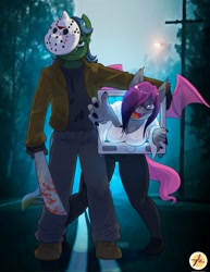 Size: 1583x2048 | Tagged: safe, artist:furboz, imported from derpibooru, oc, oc only, oc:fruitful melody, oc:rc, anthro, bat pony, unicorn, clothes, costume, halloween, hockey mask, holiday, jason voorhees, looking at you, machete, mask, nightmare night, sadako, samara morgan, television