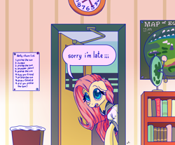 Size: 5400x4461 | Tagged: safe, artist:docwario, imported from derpibooru, fluttershy, pegasus, pony, absurd resolution, blushing, classroom, clothes, cute, female, floppy ears, fluttober, high res, mare, open mouth, school uniform, shyabetes, solo, speech bubble