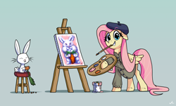 Size: 6509x3927 | Tagged: safe, artist:docwario, imported from derpibooru, angel bunny, fluttershy, pegasus, pony, rabbit, absurd resolution, animal, beret, carrot, cute, duo, easel, female, fluttober, food, grin, hat, hoof hold, looking at you, male, mare, mouth hold, paintbrush, painting, shyabetes, simple background, smiling, smiling at you, teal background
