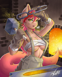 Size: 2480x3100 | Tagged: safe, artist:vandyart, imported from derpibooru, oc, oc only, anthro, pegasus, pony, unicorn, equestria girls, adoptable, anvil, blacksmith, breasts, fantasy class, furnace, hammer, magic, not pinkie pie, pliers, rpg, solo