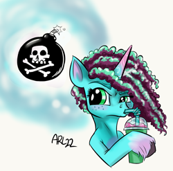 Size: 1370x1356 | Tagged: safe, artist:lytlethelemur, imported from derpibooru, pony, unicorn, bomb, drinking, female, g5, mare, misty (g5), simple background, smoothie, solo, thinking, thought bubble, unshorn fetlocks, weapon, white background