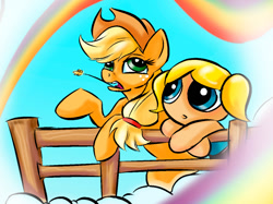 Size: 616x460 | Tagged: safe, artist:lytlethelemur, imported from derpibooru, applejack, earth pony, human, pony, bubbles (powerpuff girls), cloud, fence, mouth hold, open mouth, rainbow, the powerpuff girls