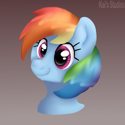 Size: 2000x2000 | Tagged: safe, artist:kaifurry, imported from derpibooru, rainbow dash, pegasus, pony, bust, gradient background, grin, high res, lineless, painting, smiling, solo, wide eyes