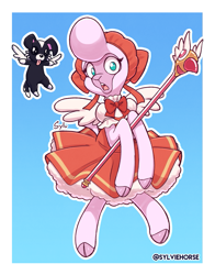 Size: 825x1050 | Tagged: safe, artist:nekocrispy, imported from derpibooru, dog, lamb, sheep, them's fightin' herds, cardcaptor sakura, clothes, community related, cosplay, costume, open mouth, pom (tfh), staff